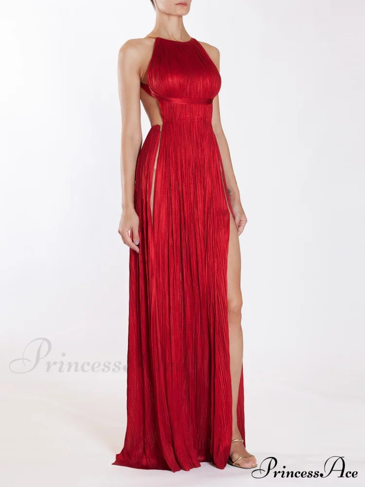 Sexy Halter Neck Chain Pleated High Split Long Dress Backless Christmas Party Dresses-L