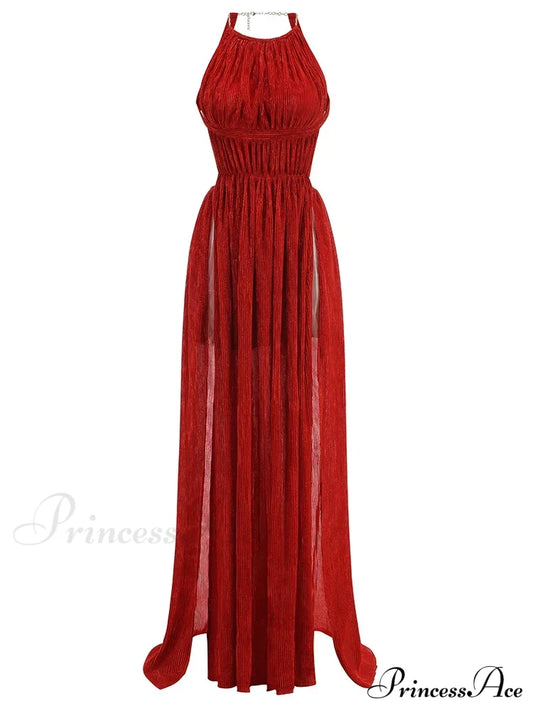 Sexy Halter Neck Chain Pleated High Split Long Dress Backless Christmas Party Red / Xs Dresses-L