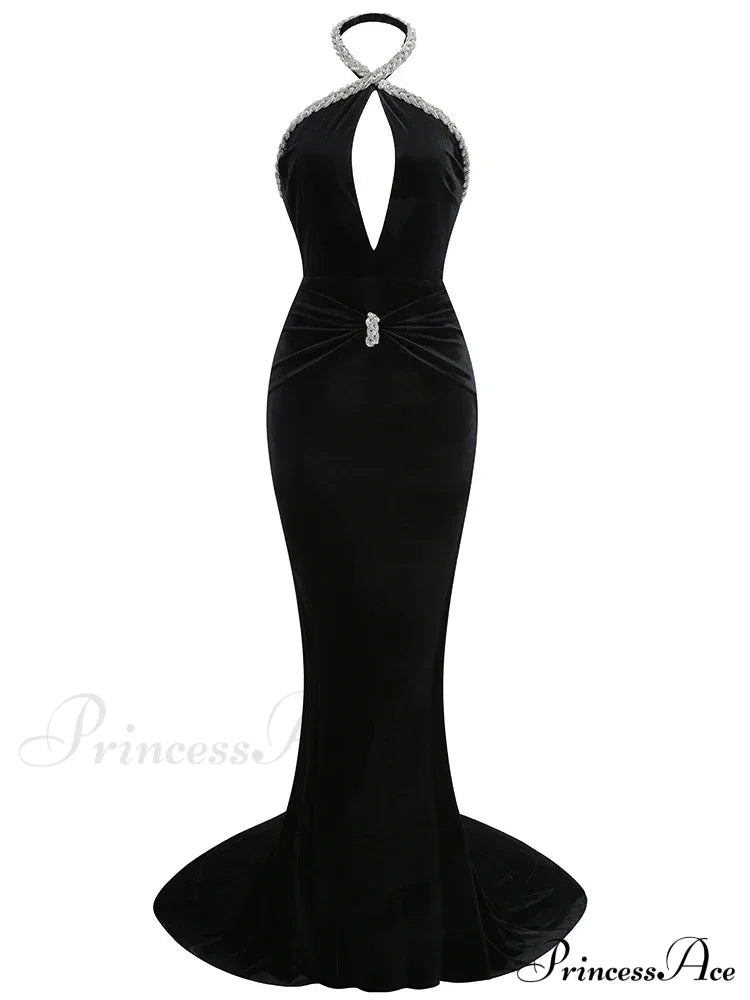 Sexy Halter Neck Diamonds Chain Hollow Out Black Velvet Sleeveless Christmas Party Dress / Xs