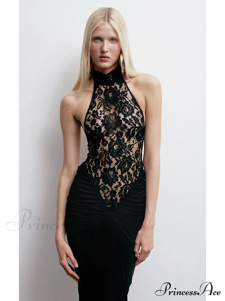 Sexy Halter Neck Lace Patchwork Folds Black Sleeveless Backless Christmas Party Dress Dresses-L