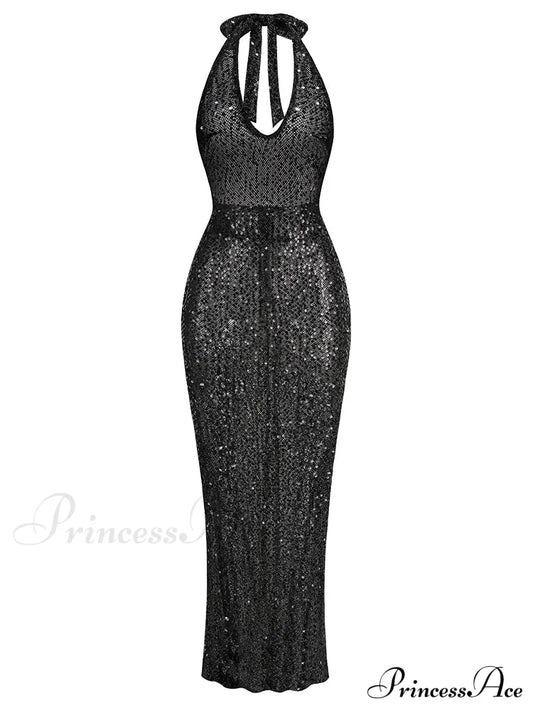 Sexy Halter Neck Lace-Up Sparkly Sequins Silver Black Backless Christmas Party Dress / Xs Dresses-L