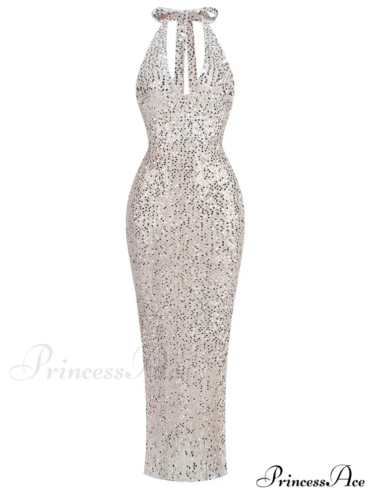 Sexy Halter Neck Lace-Up Sparkly Sequins Silver Black Backless Christmas Party Dress / Xs Dresses-L