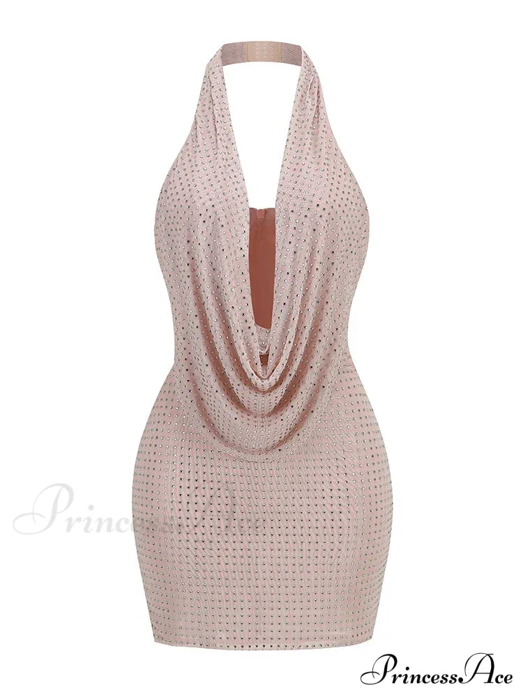 Sexy Halter Neck Low Cut Diamonds Mini Nude Christmas Party Dress Pink / S Dresses-L