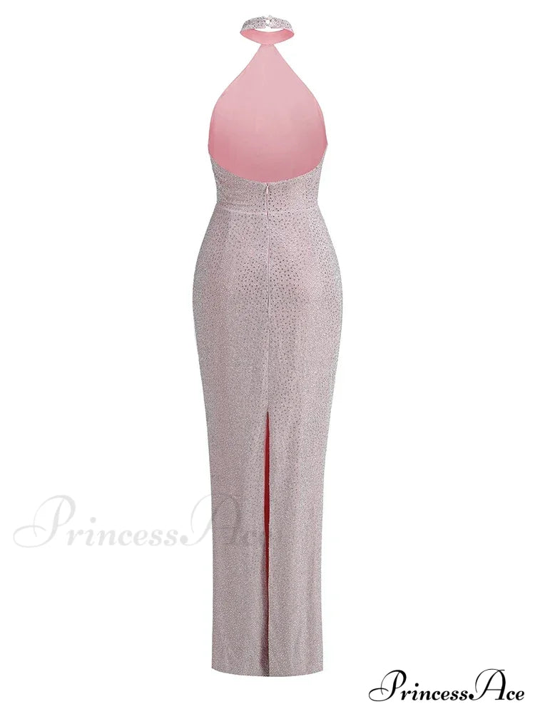 Sexy Halter Neck Shiny Diamonds Bow Maxi Dress Backless Christmas Party Dresses-L