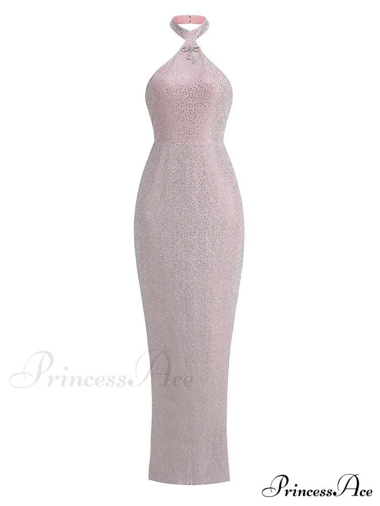 Sexy Halter Neck Shiny Diamonds Bow Maxi Dress Backless Christmas Party Pink / Xs Dresses-L