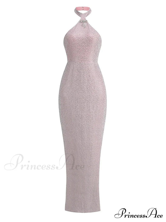 Sexy Halter Neck Shiny Diamonds Bow Maxi Dress Backless Christmas Party Pink / Xs Dresses-L