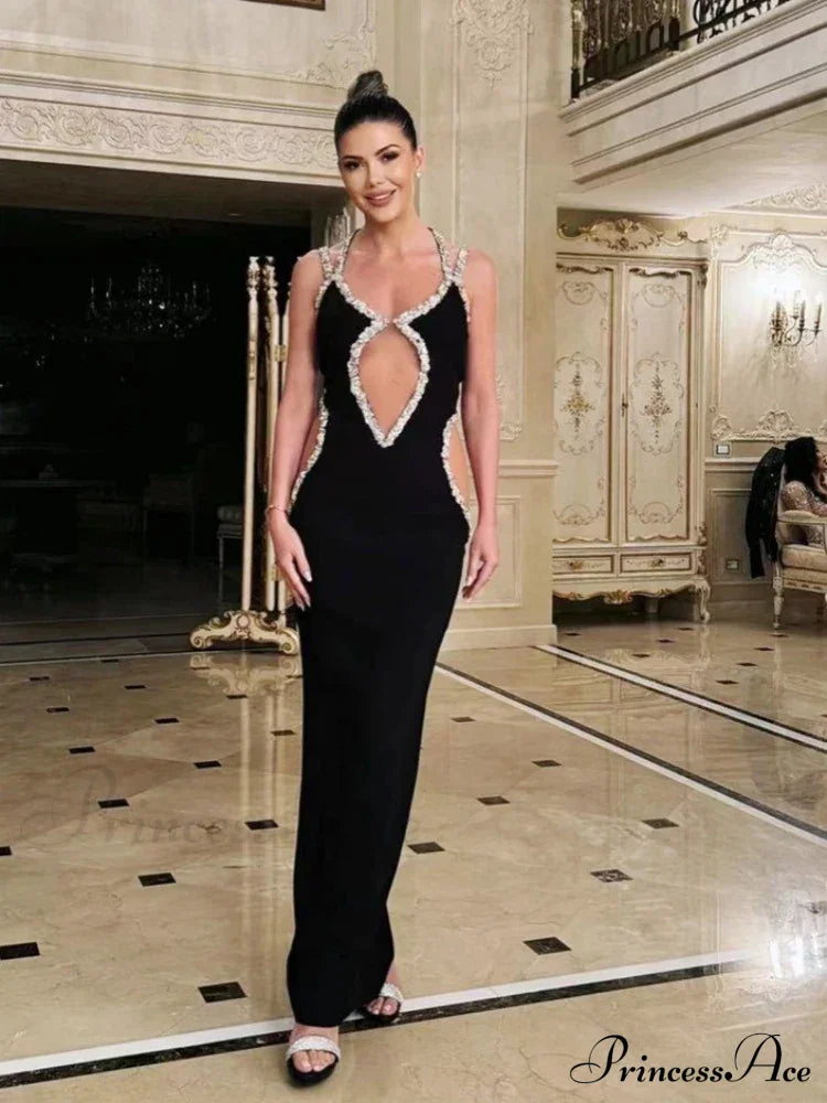 Sexy Halter Neck Sling Hollow Out Crystal Bandage Dress Long Christmas Party Dresses-L