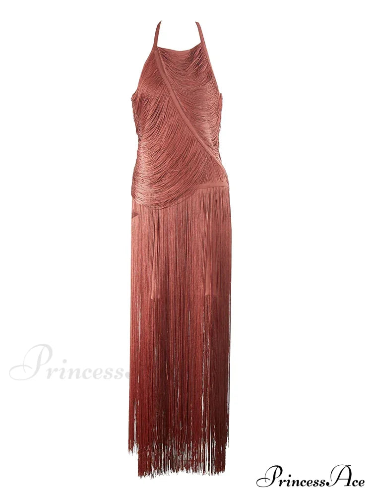 Sexy Halter Sleeveless Tassel Patchwork Bandage Dress Backless Fringe Christmas Party Brown / Xs