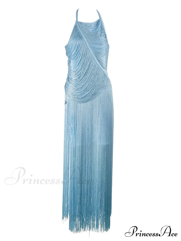 Sexy Halter Sleeveless Tassel Patchwork Bandage Dress Backless Fringe Christmas Party Sky Blue / Xs