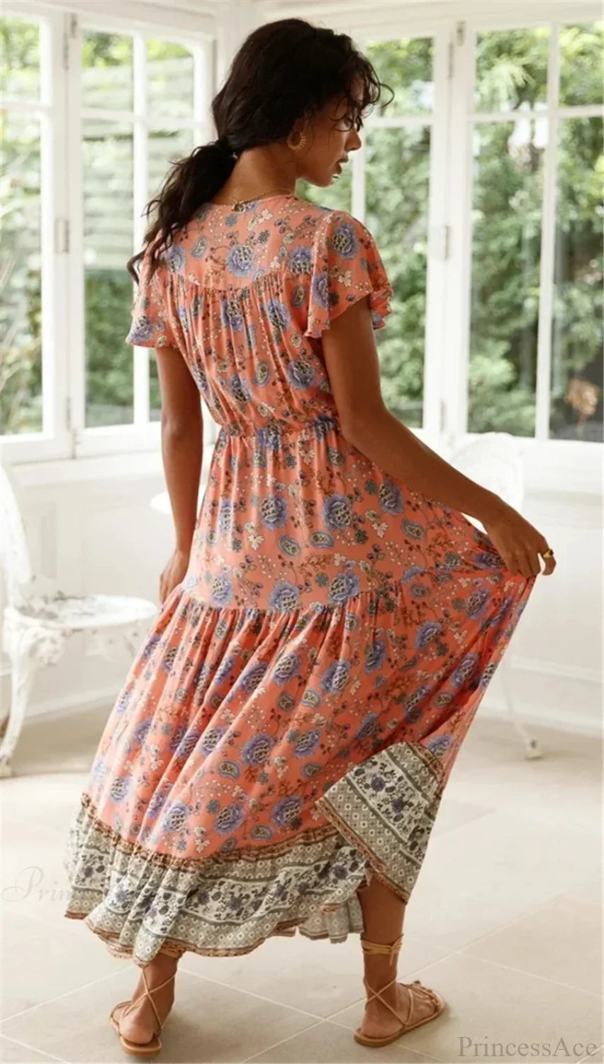 Sexy High Split Flare Sleeve Rayon Cotton Boho Dress bohodress-250126