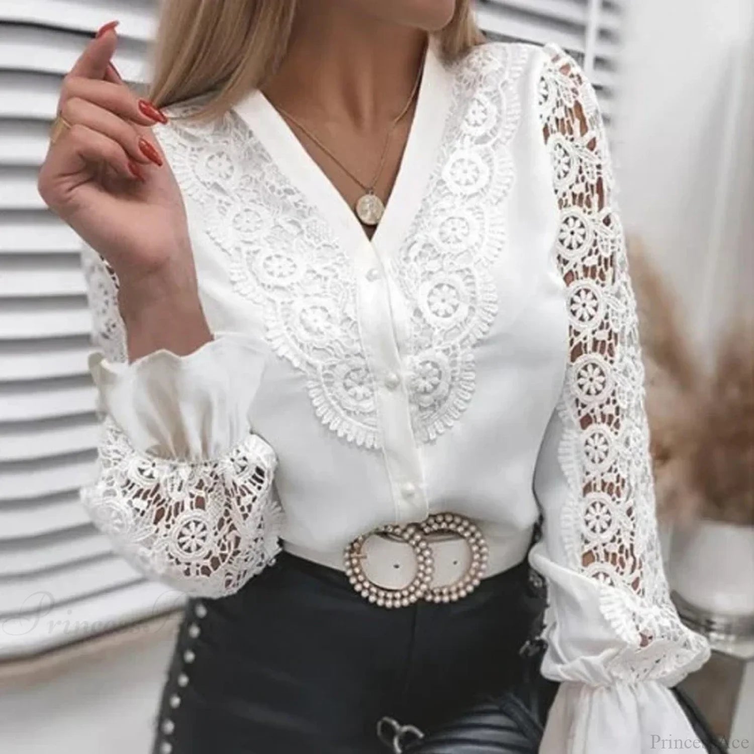 Sexy Hollow Lace Patchwork Long Sleeve Blouse blouse-250126