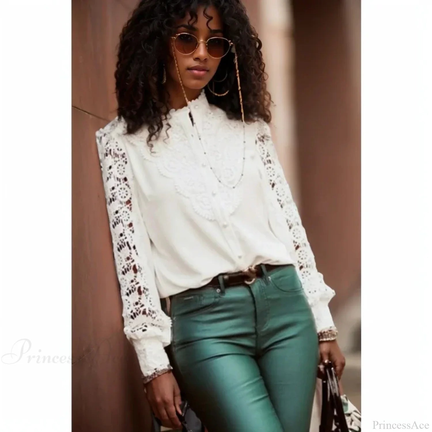 Sexy Hollow Lace Patchwork Long Sleeve Blouse blouse-250126