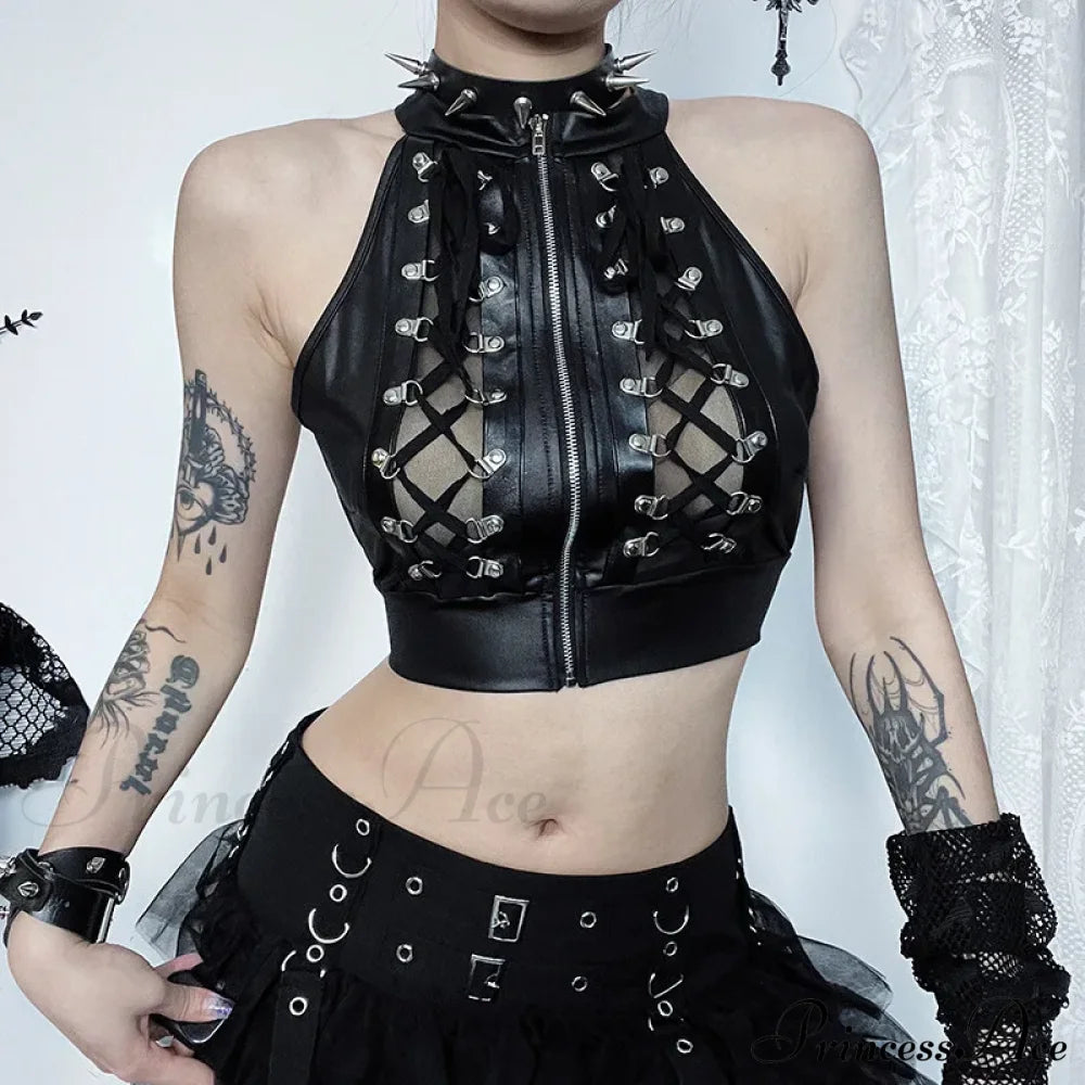 Sexy Hollowed Out Gothic Lace Up Bandage Y2K Crop Top Black / S Halloween