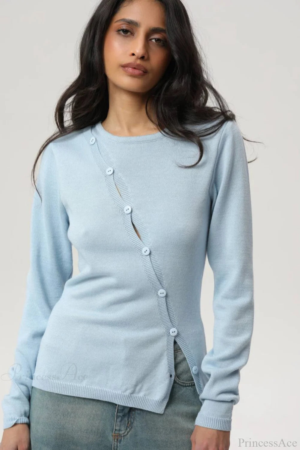 Sexy Irregular Crew Neck Long Sleeve Knit Sweater Blue / S