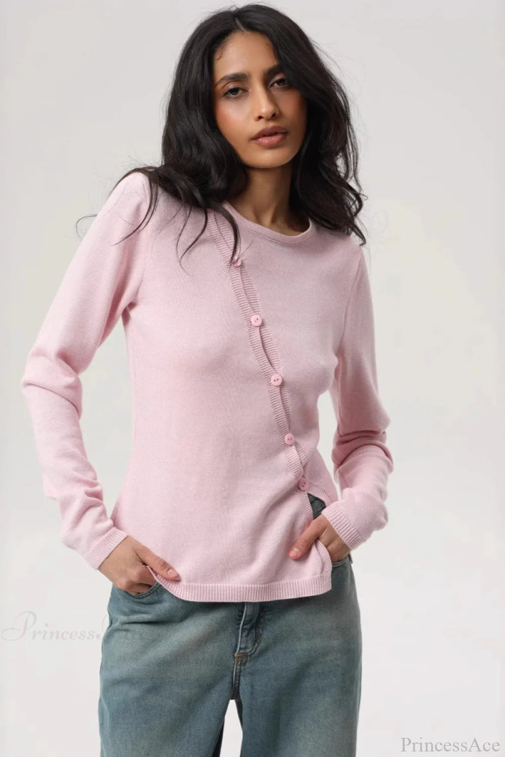 Sexy Irregular Crew Neck Long Sleeve Knit Sweater Pink / S