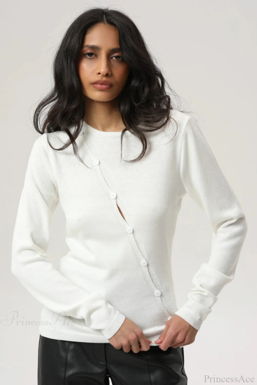 Sexy Irregular Crew Neck Long Sleeve Knit Sweater White / S