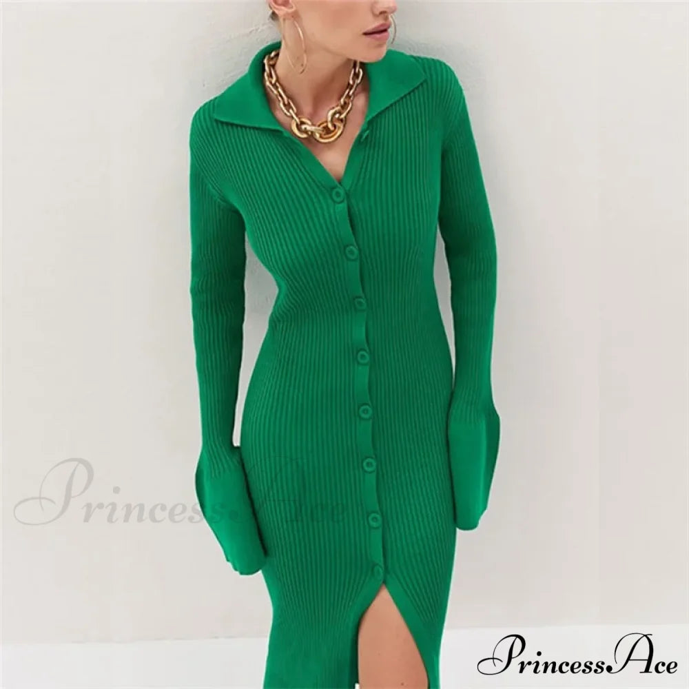 Sexy Knitted Cardigan Women Female Fashion Slim Solid Autumn Winter Flare Sleeve Vestidos Green / S