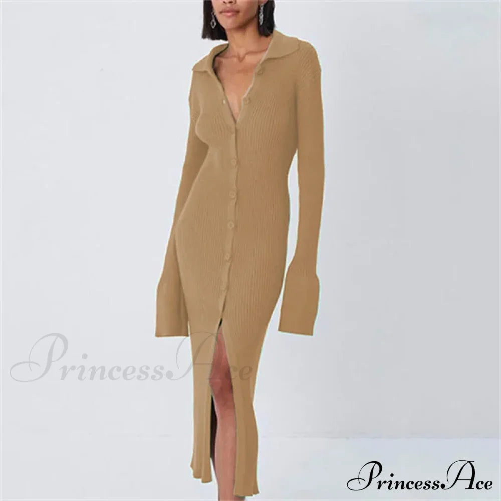 Sexy Knitted Cardigan Women Female Fashion Slim Solid Autumn Winter Flare Sleeve Vestidos Khaki / S