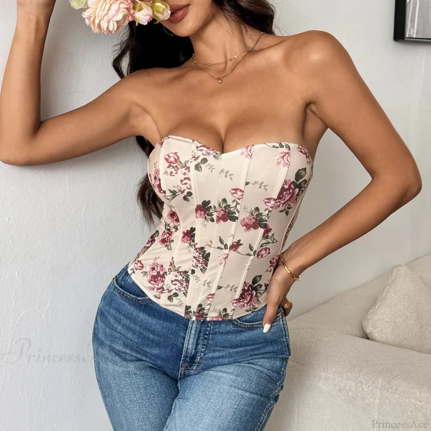 Sexy Lace Flower Pattern Corset Low-Cut Tank Top croptop-250126