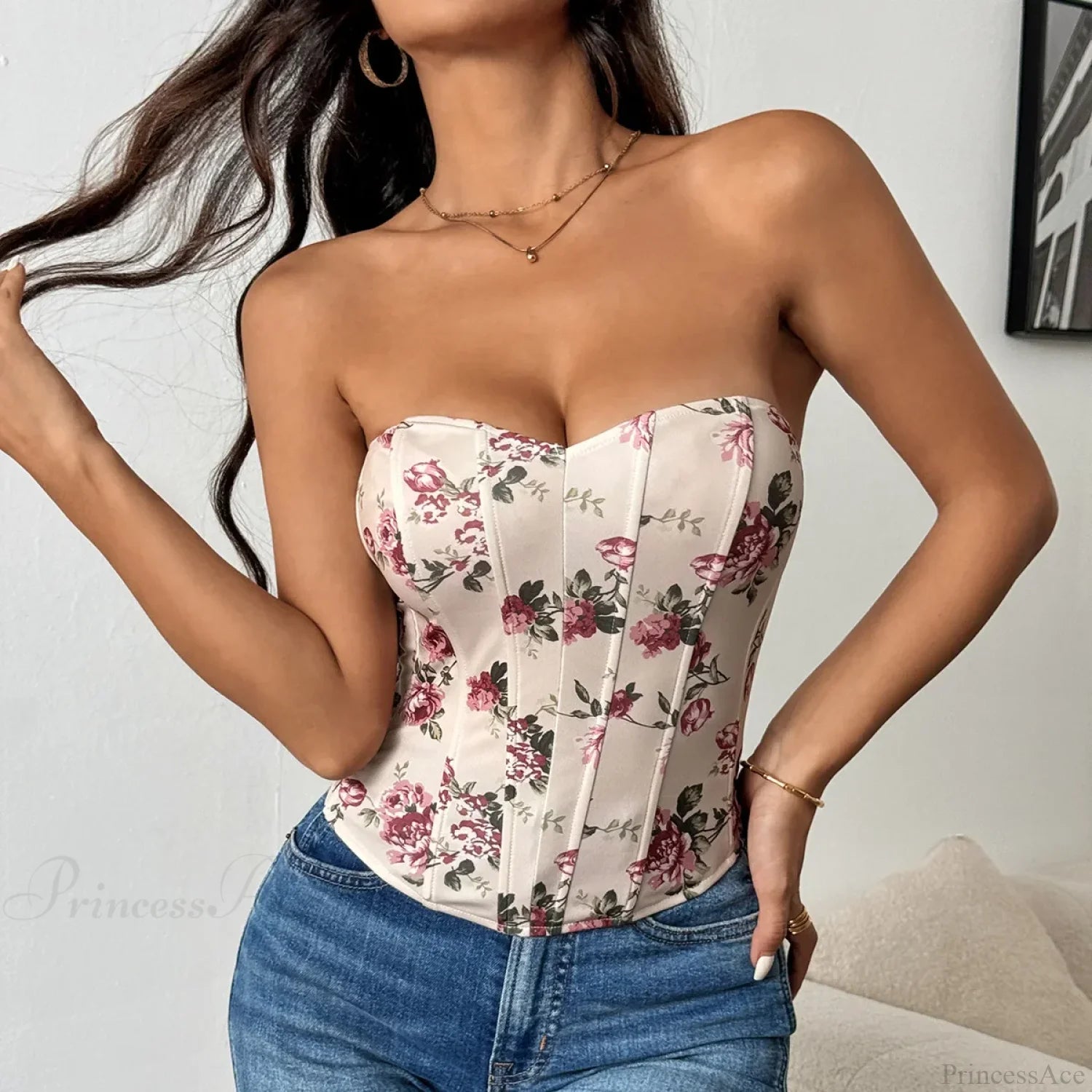 Sexy Lace Flower Pattern Corset Low-Cut Tank Top Khaki / XS croptop-250126