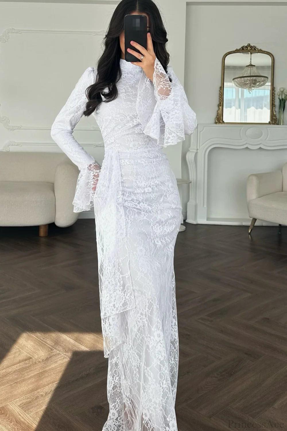 Sexy Lace Long Sleeve Bodycon Maxi Wedding Dress White / S