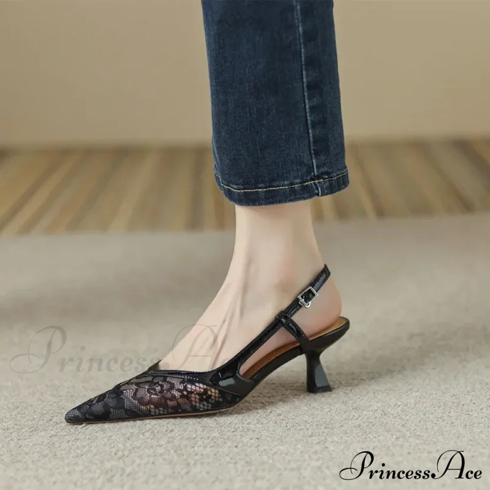 Sexy Lace Pointed Stiletto Back Empty Toe Summer Fashion Low Heel Pump