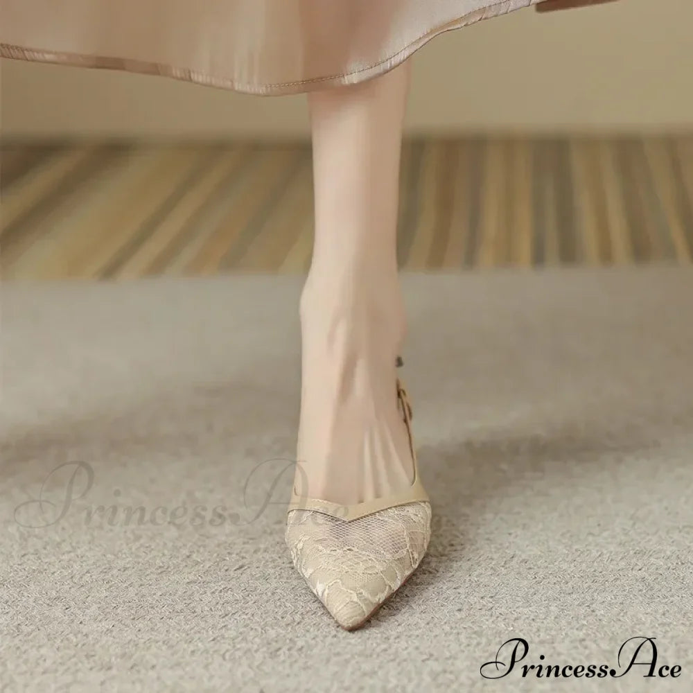 Sexy Lace Pointed Stiletto Back Empty Toe Summer Fashion Low Heel Pump