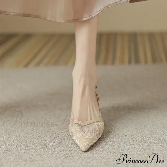 Sexy Lace Pointed Stiletto Back Empty Toe Summer Fashion Low Heel Pump