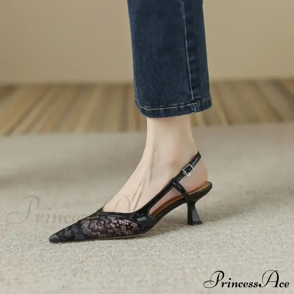 Sexy Lace Pointed Stiletto Back Empty Toe Summer Fashion Low Heel Pump Black / 34