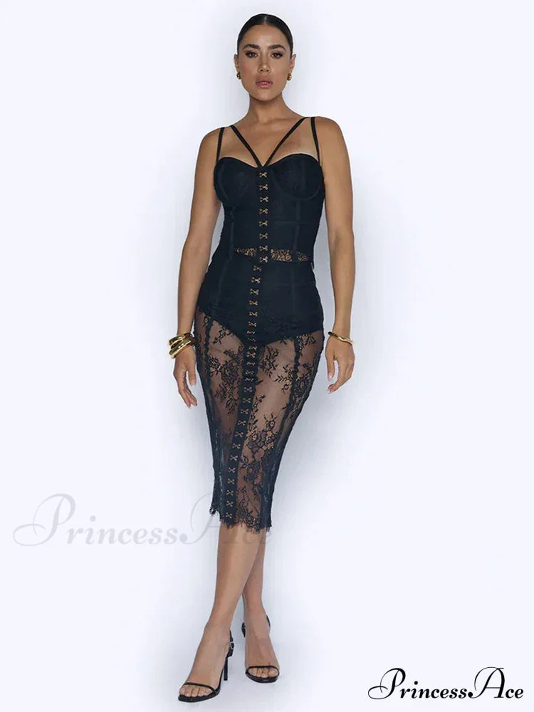 Sexy Lace Two-Piece Black Sleeveless Hook-Front See Through Evening Christmas Party Dress Dresses-L