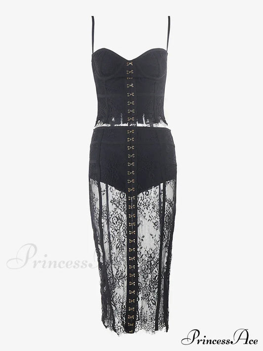 Sexy Lace Two-Piece Black Sleeveless Hook-Front See Through Evening Christmas Party Dress / S