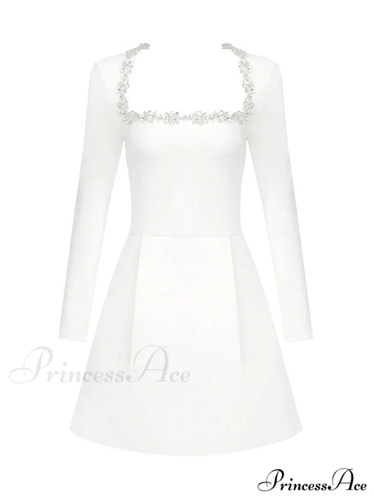 Sexy Long Sleeves Square Collar Crystal A-Line Slim Dress Elegant Christmas Party White / Xs