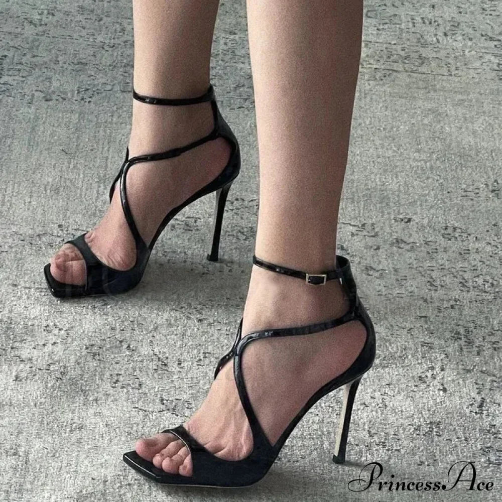 Sexy Luxury Satin Designer Party Dress Square Head Gladiator Slingback Pumps Female High Heel Black