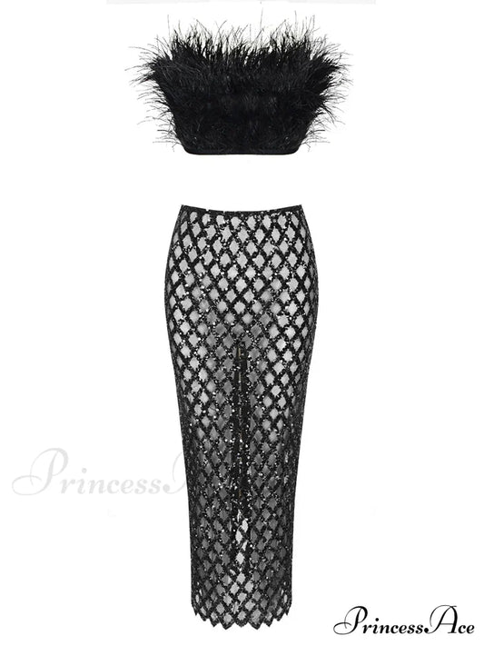 Sexy Luxury Sequins Feather Strapless Top Skirt Two Piece Set Christmas Party Dress Black / S