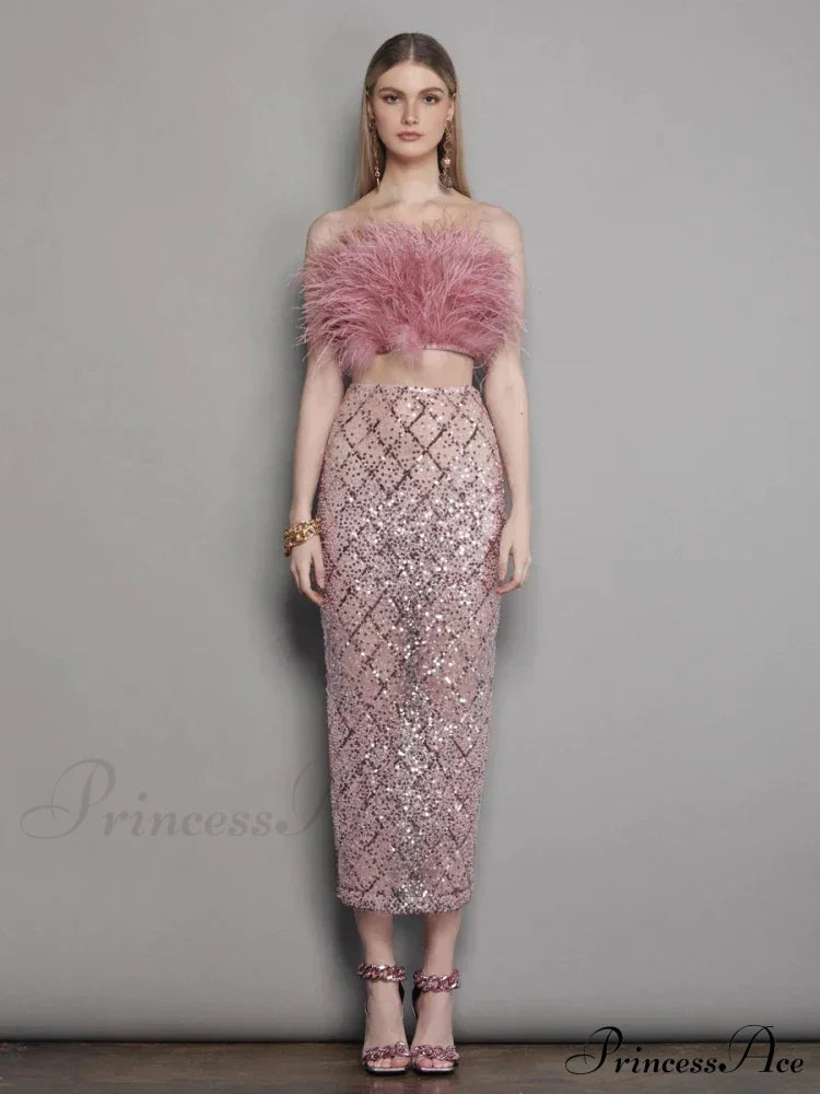 Sexy Luxury Sequins Feather Strapless Top Skirt Two Piece Set Christmas Party Dress Dresses-L