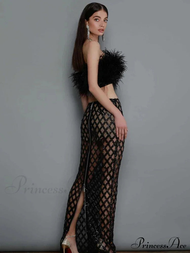 Sexy Luxury Sequins Feather Strapless Top Skirt Two Piece Set Christmas Party Dress Dresses-L