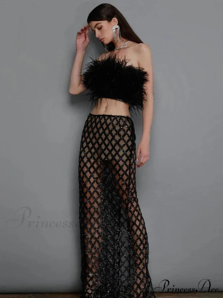 Sexy Luxury Sequins Feather Strapless Top Skirt Two Piece Set Christmas Party Dress Dresses-L