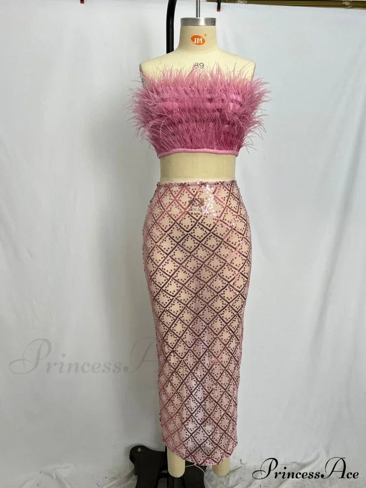 Sexy Luxury Sequins Feather Strapless Top Skirt Two Piece Set Christmas Party Dress Pink / S