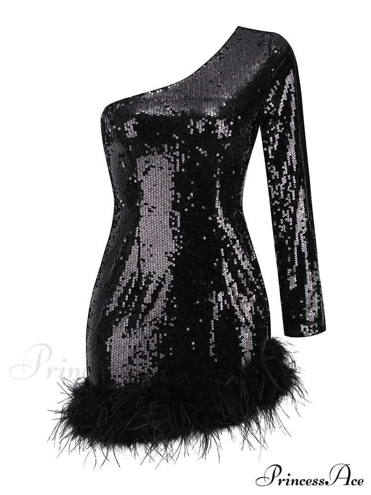 Sexy Luxury Sequins Trendy One Shoulder Mini Dress Black / Xs