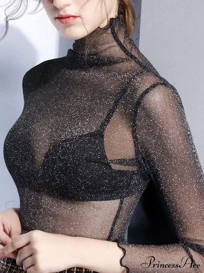 Sexy Mesh Long Sleeve Transparent See Through Femme Crop Top