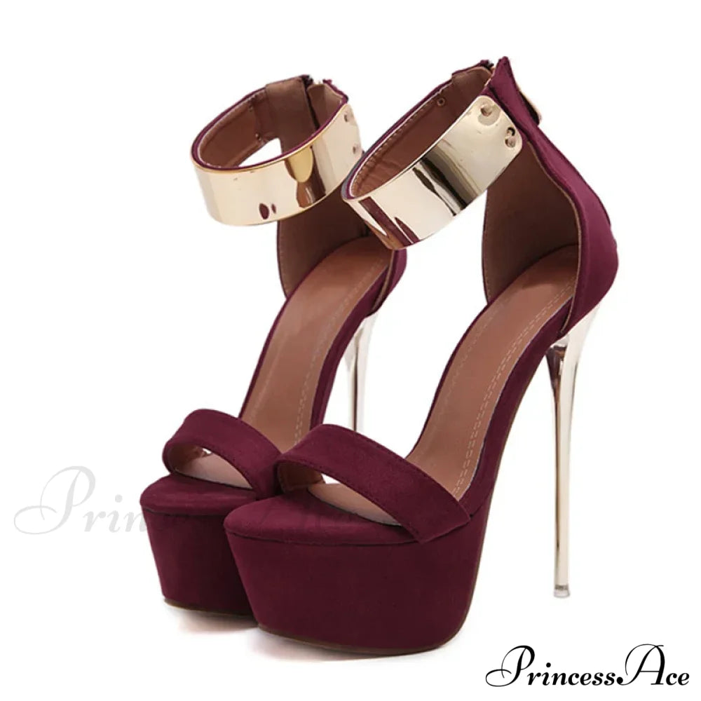 Sexy Metal Ankle-Cover Sandals High Crystal Platform Club Stripper Elegant Heel Wine Red / 34