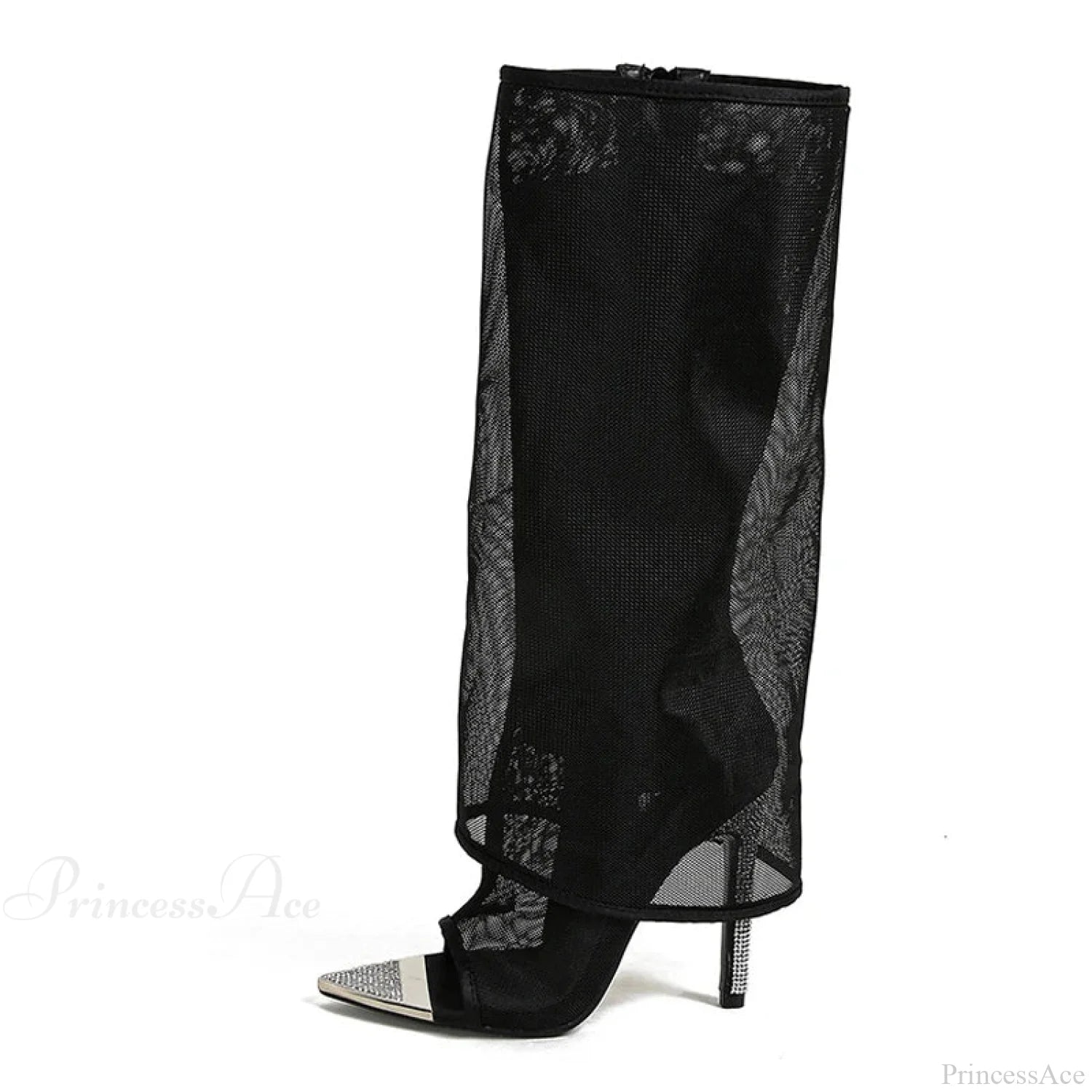 Sexy Metal Pointed-Toe Black Mesh Knee-High Boots Sandals Zipfashion Rhinestone High Heels Heel
