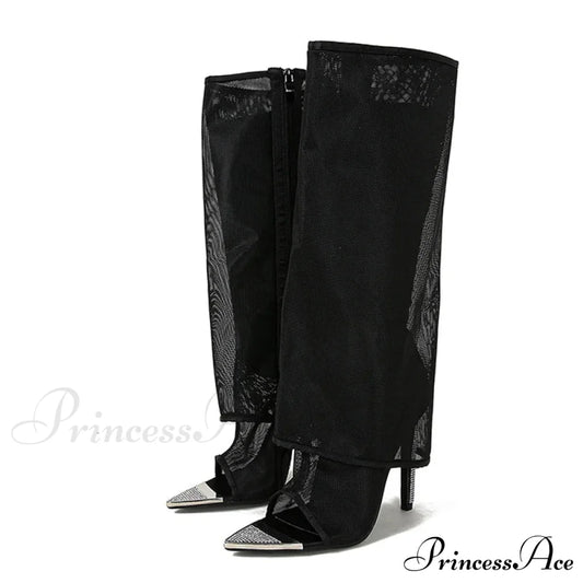 Sexy Metal Pointed-Toe Black Mesh Knee-High Boots Sandals Zipfashion Rhinestone High Heels Heel / 35