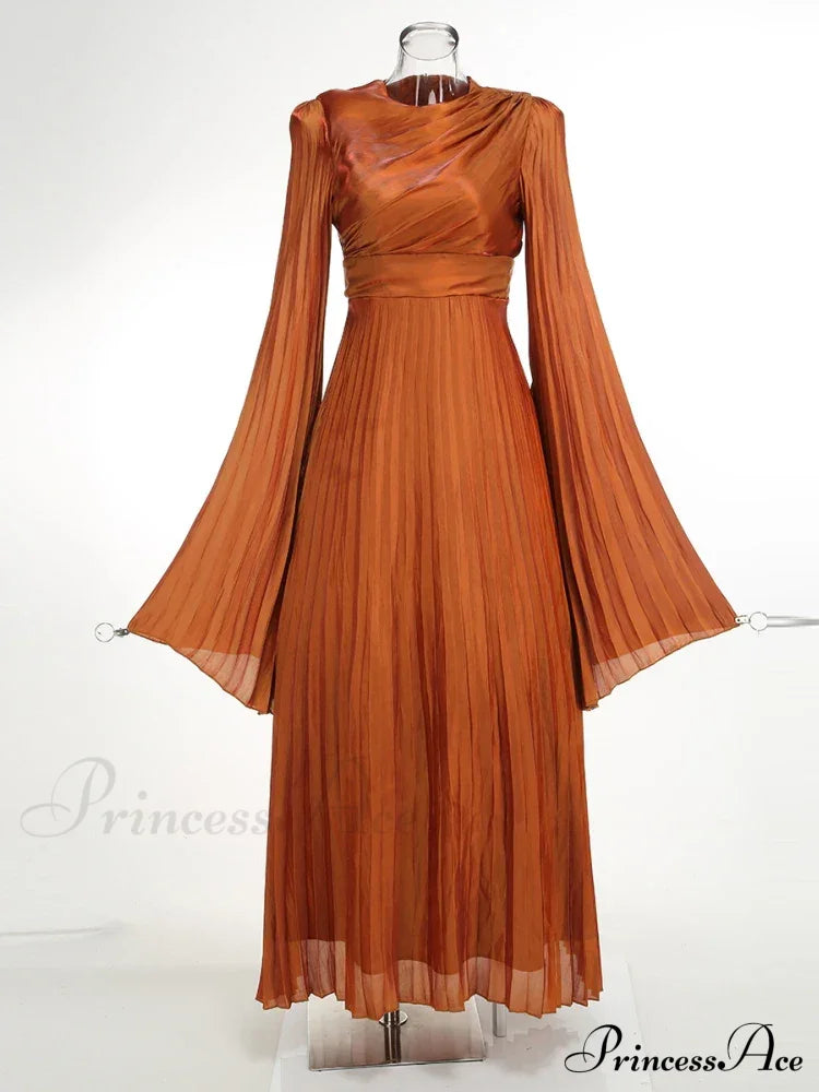 Sexy O Neck Batwing Sleeve Pleated Long Dress Women Rose Christmas Party Brown / Xs Dresses-L