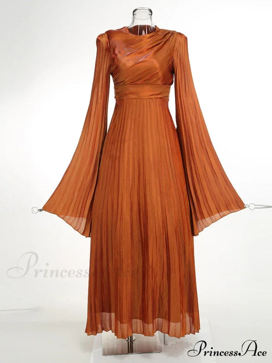 Sexy O Neck Batwing Sleeve Pleated Long Dress Women Rose Christmas Party Brown / Xs Dresses-L