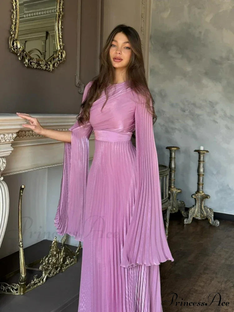 Sexy O Neck Batwing Sleeve Pleated Long Dress Women Rose Christmas Party Dresses-L