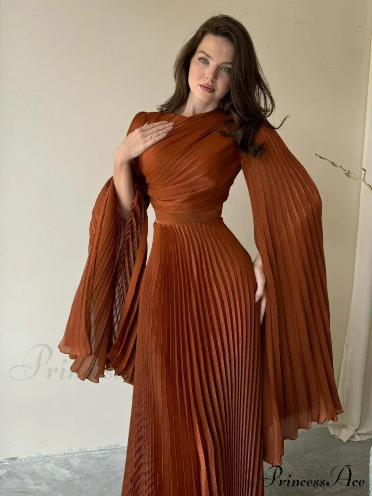 Sexy O Neck Batwing Sleeve Pleated Long Dress Women Rose Christmas Party Dresses-L