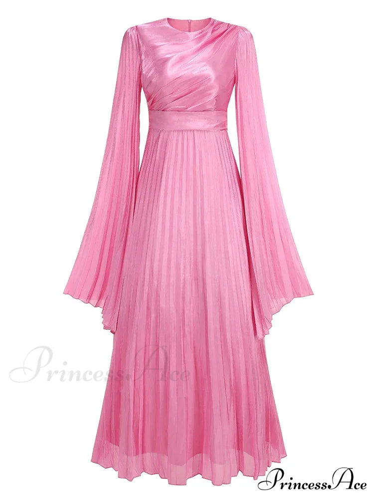 Sexy O Neck Batwing Sleeve Pleated Long Dress Women Rose Christmas Party Pink / Xs Dresses-L