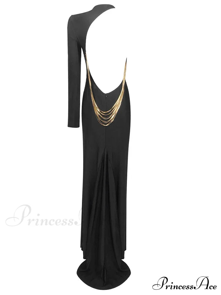 Sexy O Neck One Shoulder Backless Chain Black Long Evening Christmas Party Dress / Xs Dresses-L