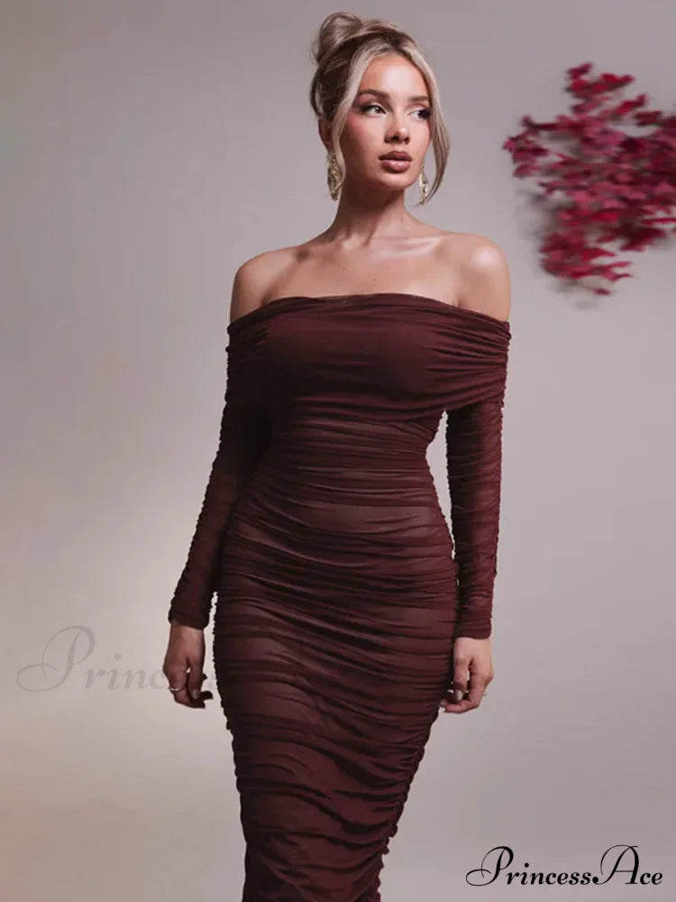 Sexy Off Shoulder Long Sleeve Backless Ruched Red Christmas Party Dress Burgundy / S Dresses-L